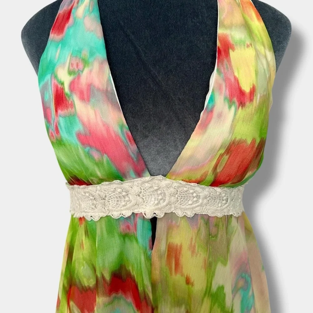 Fairycore mini asymmetrical chiffon lace empire waist babydoll halter dress M - Picture 2 of 8